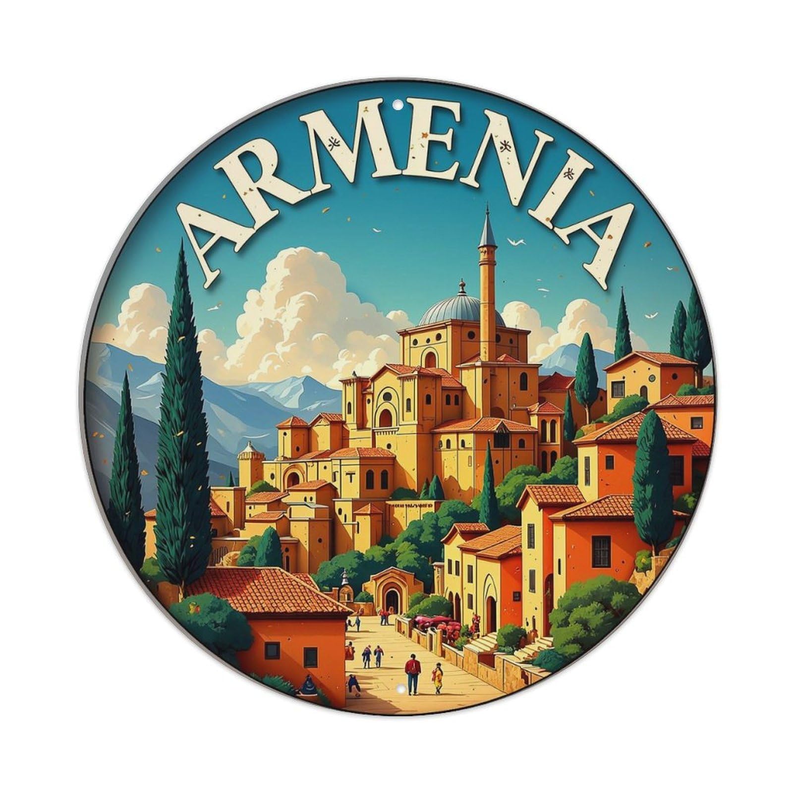 Armenia Cityscape Illustration Pattern Print Metal Tin Sign Plaque