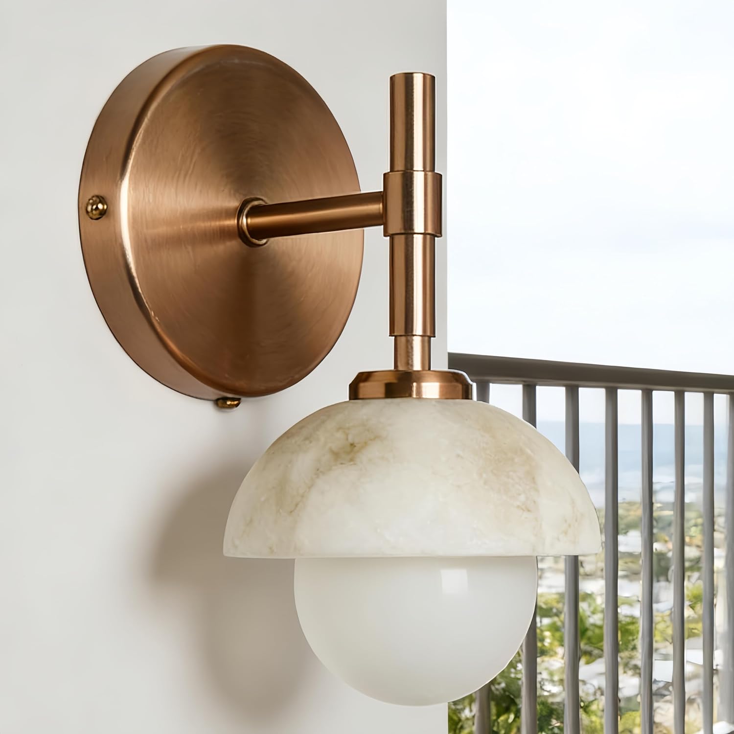 8" Vintage Sconce Wall Lighting with Alabaster and Opal Glass Globe Shade, Modern Bathroom Vanity Beside Mirror, Hardwired Wall Mounted Lamp for Living Room Bedroom Stairwell (Brass)