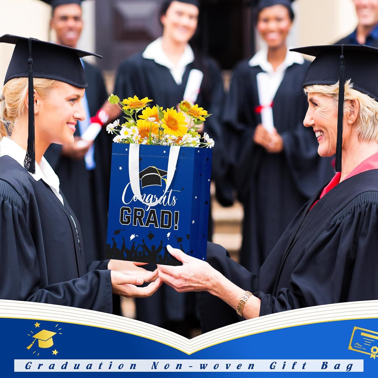 Shinylin 24 Pcs Graduation Gift Bags 2026 Reusable Graduation Bags Bulk with Handles, Nonwoven Congrats Grad Party Favor Tote(Royal Blue)