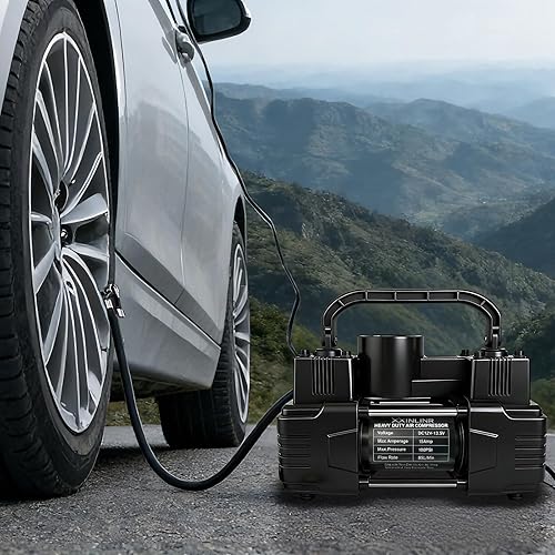 Miniatura 5 de Inflador de neumáticos negro de doble cilindro resistente con bolsa portátil, accesorios para automóvil, bomba de compresor de aire de metal 12V