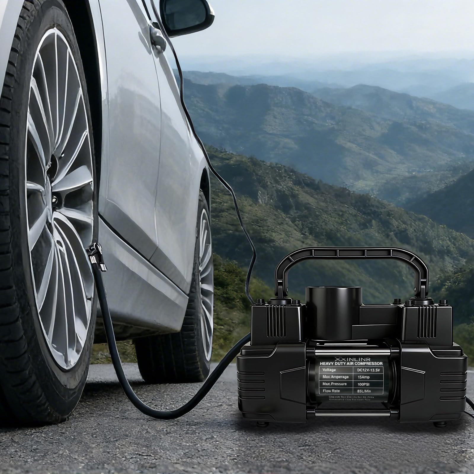 Pompka do czarnych opon Heavy Duty Podwójne cylindry z przenośną torbą - akcesoria samochodowe, metalowa pompa sprężarki powietrza 12 V 150 PSI z adapterem do samochodów, ciężarówek, SUV-ów, pontonów,