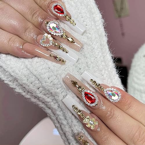 Miniatura 4 de 24 dijes de uñas de lujo, diseño láser, dije de corazón para uñas, aleación de oro, diamantes de imitación para arte de uñas, gemas brillantes para