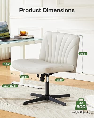 Miniatura 9 de Marsail Silla cruzada con ruedas, silla de escritorio ancha de piel sintética sin brazos, giratoria y altura ajustable, silla de oficina con patas