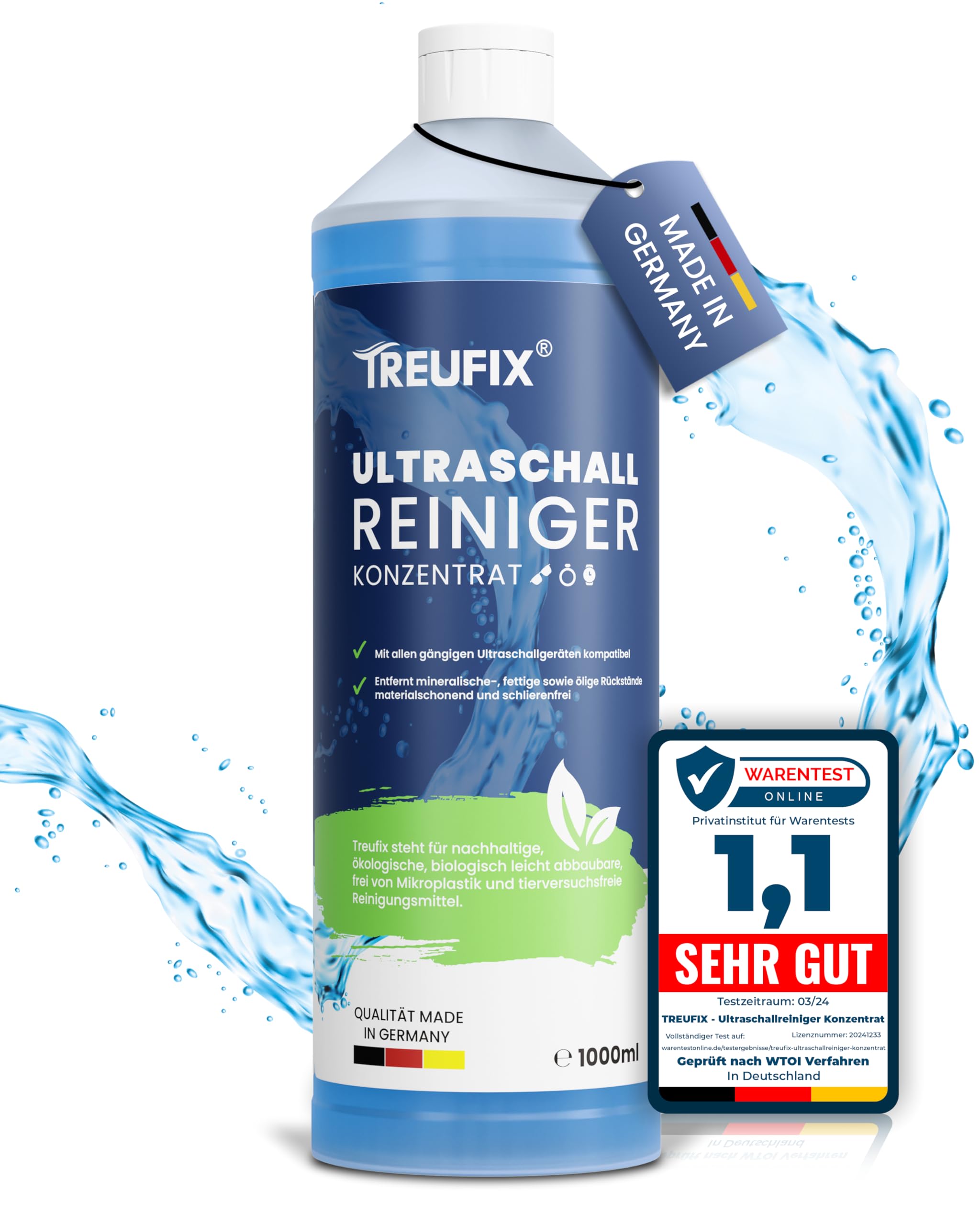 Treufix - Ultraschallreiniger Konzentrat für maximale Sauberkeit | Effektiver Brillenreiniger, Zahnreiniger zur Reinigung von Schmuck, Münzen etc. im Ultraschallbad 1L Made in DE