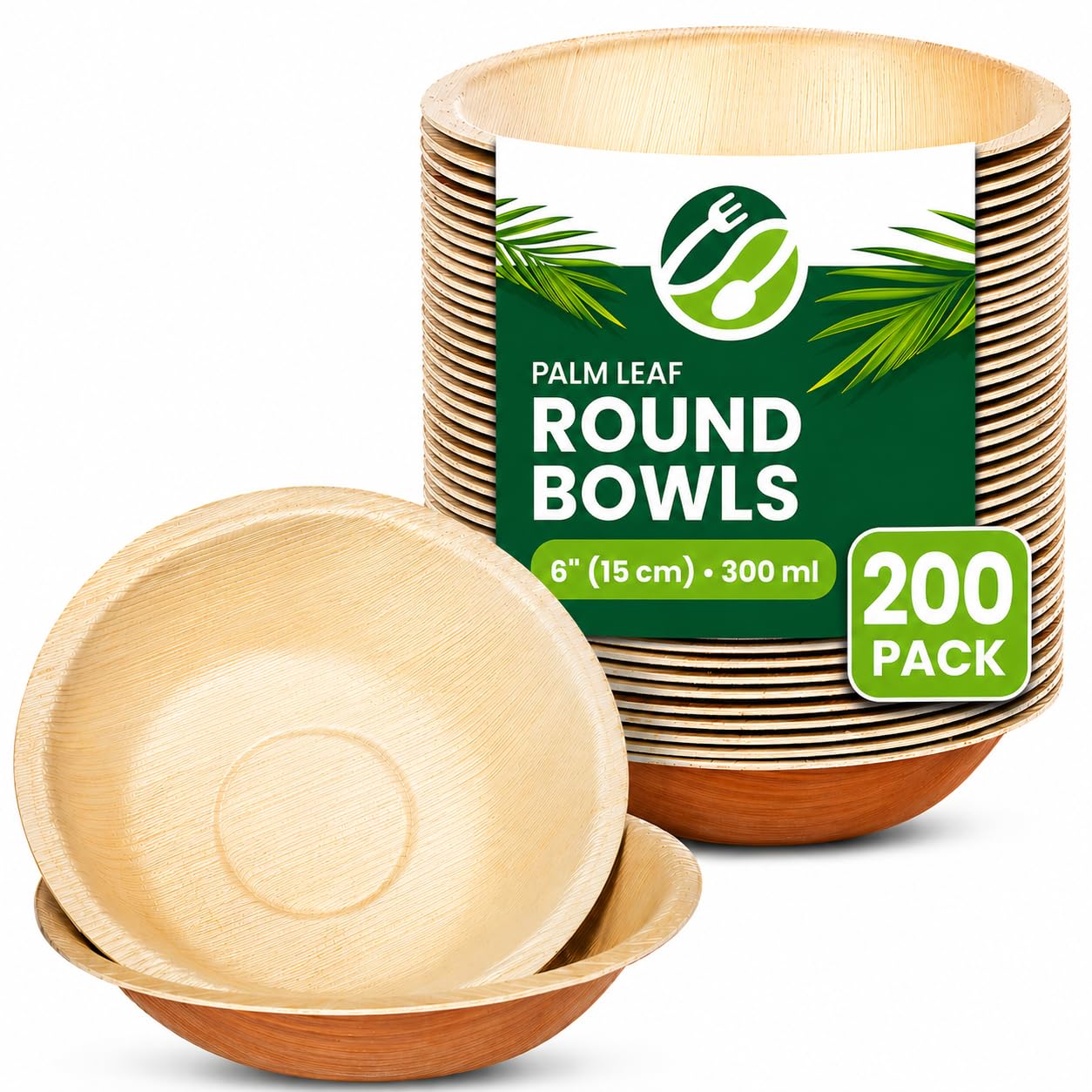 Eco Leaf Products Disposable Palm Leaf Bowls – Pack of 200, 6" (15cm) Round Compostable for Desserts & Salad, Eco-Friendly, Biodegradable, Heavy-Duty, Microwave & Oven Safe – for Weddings & Parties