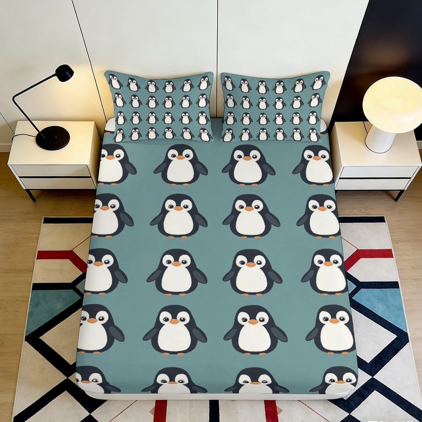 3D Printed Penguin Pattern Fitted Sheet Microfiber Soft Breathable Cartoon Penguin Bed Cover for Bedroom Dormitory Guest Room Mattress Protection 120x200x25cm