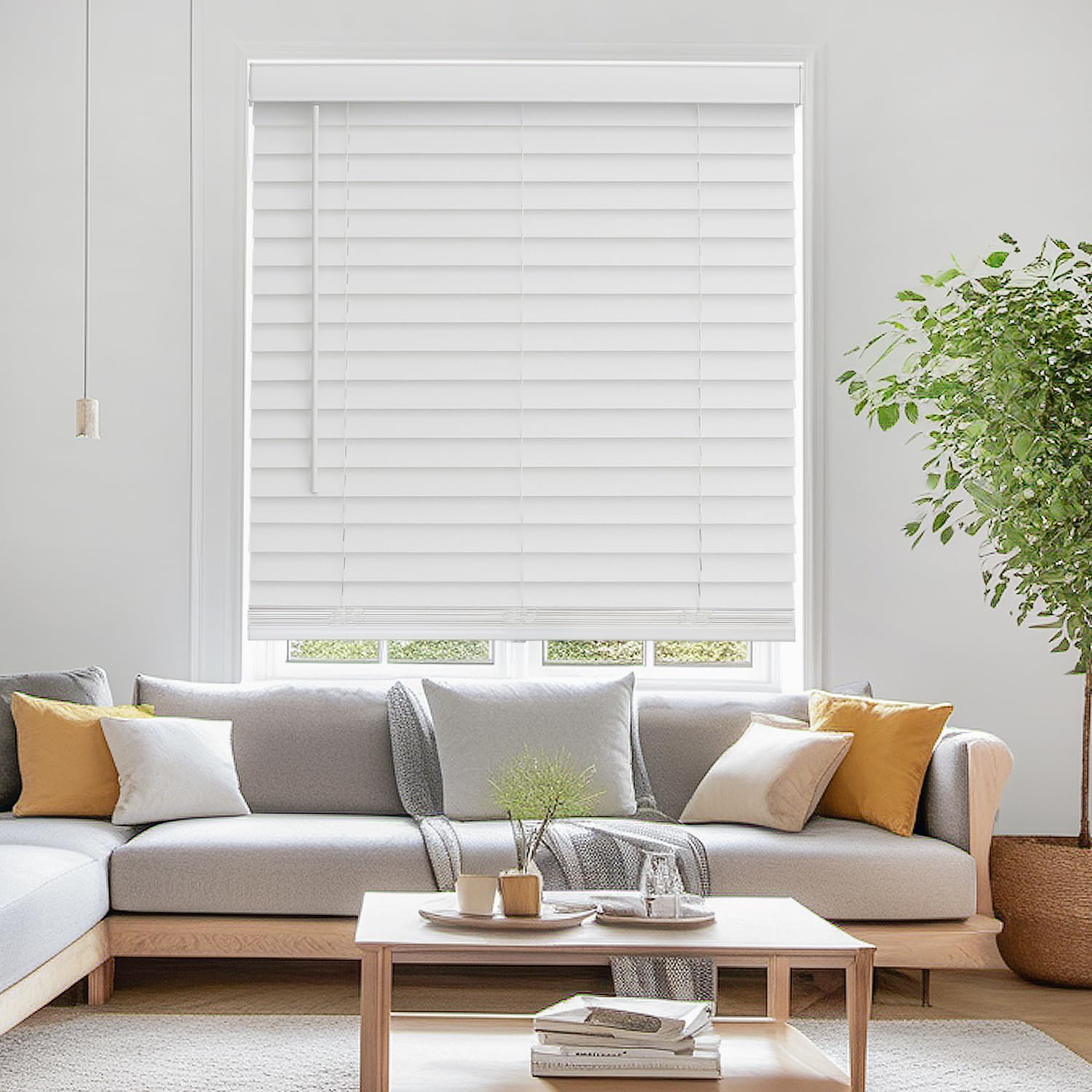 Faux Wood Blinds for Indoor Windows, 30.5" Width x 36" Height Cordless Window Blinds with Valance for Home, No-Hole Privacy Slats,2" White Blinds for Kitchen, Bathroom & Living Room