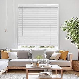 Faux Wood Blinds for Indoor Windows, 29.5" Width x 60" Height Cordless Window Blinds with Valance for Home, No-Hole Privacy Slats,2" White Blinds for Kitchen, Bathroom & Living Room