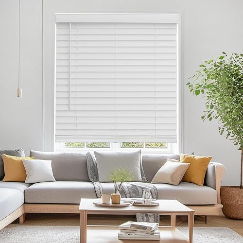 Faux Wood Blinds for Indoor Windows, 34" Width x 60" Height Cordless Window Blinds with Valance for Home, No-Hole Privacy Slats,2" White Blinds for Kitchen, Bathroom & Living Room