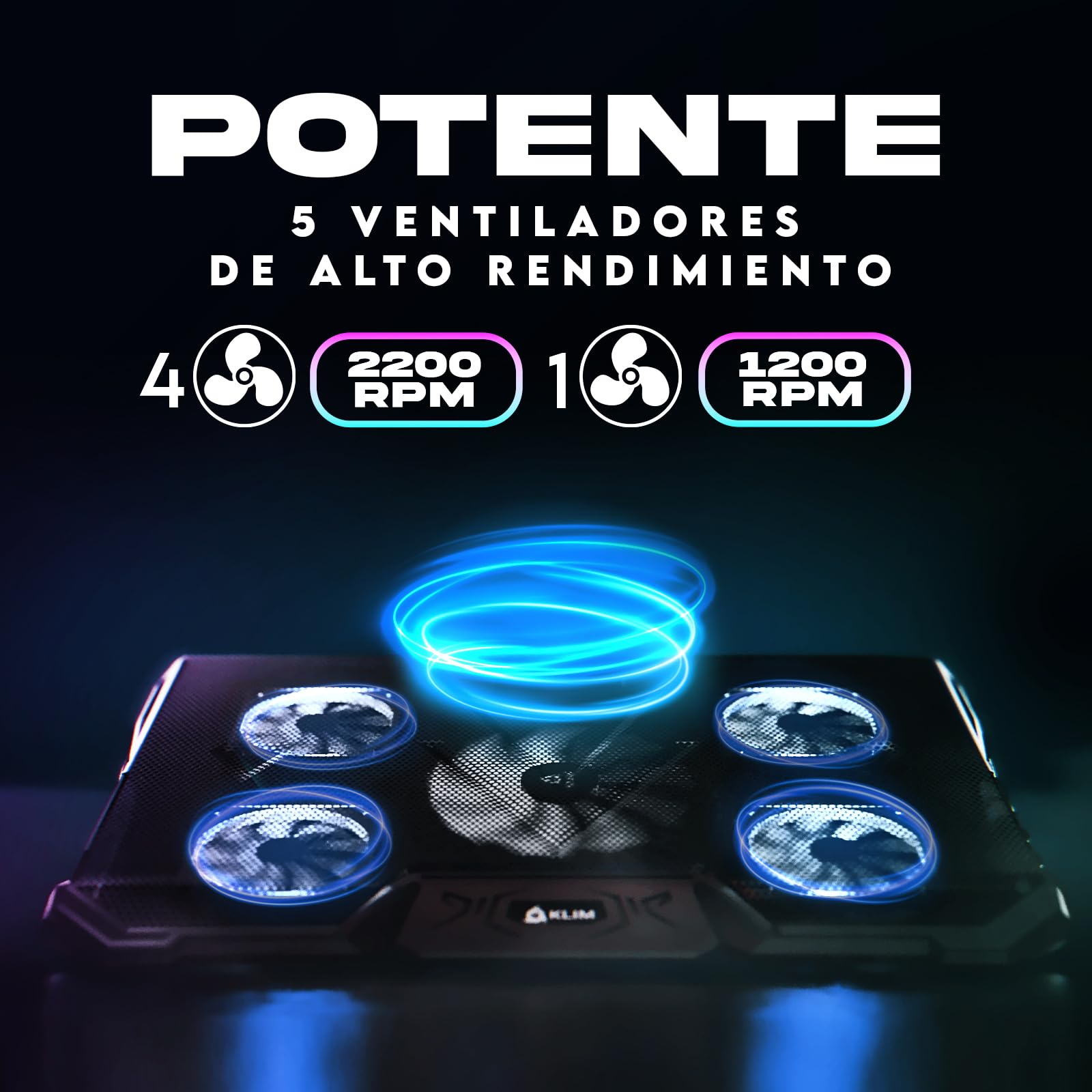 KLIM Cyclone - Base Refrigeradora Portatil - Nuevo - Potente Refrigerador Portátil con 5 Ventiladores para Ordenador Gaming, PS4, PS5 - Varias inclinaciones - Soporte Estable - Blanca