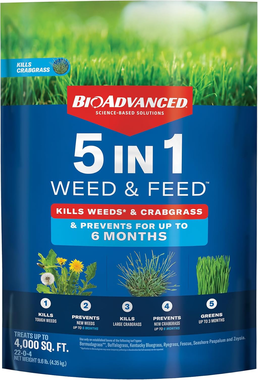 BioAdvanced 5-in-1 Weed and Feed Granules 9.6 lbs - Kills Crabgrass, Dandelions, Tough Weeds, Prevents New Growth, Greens Lawn 3 Months