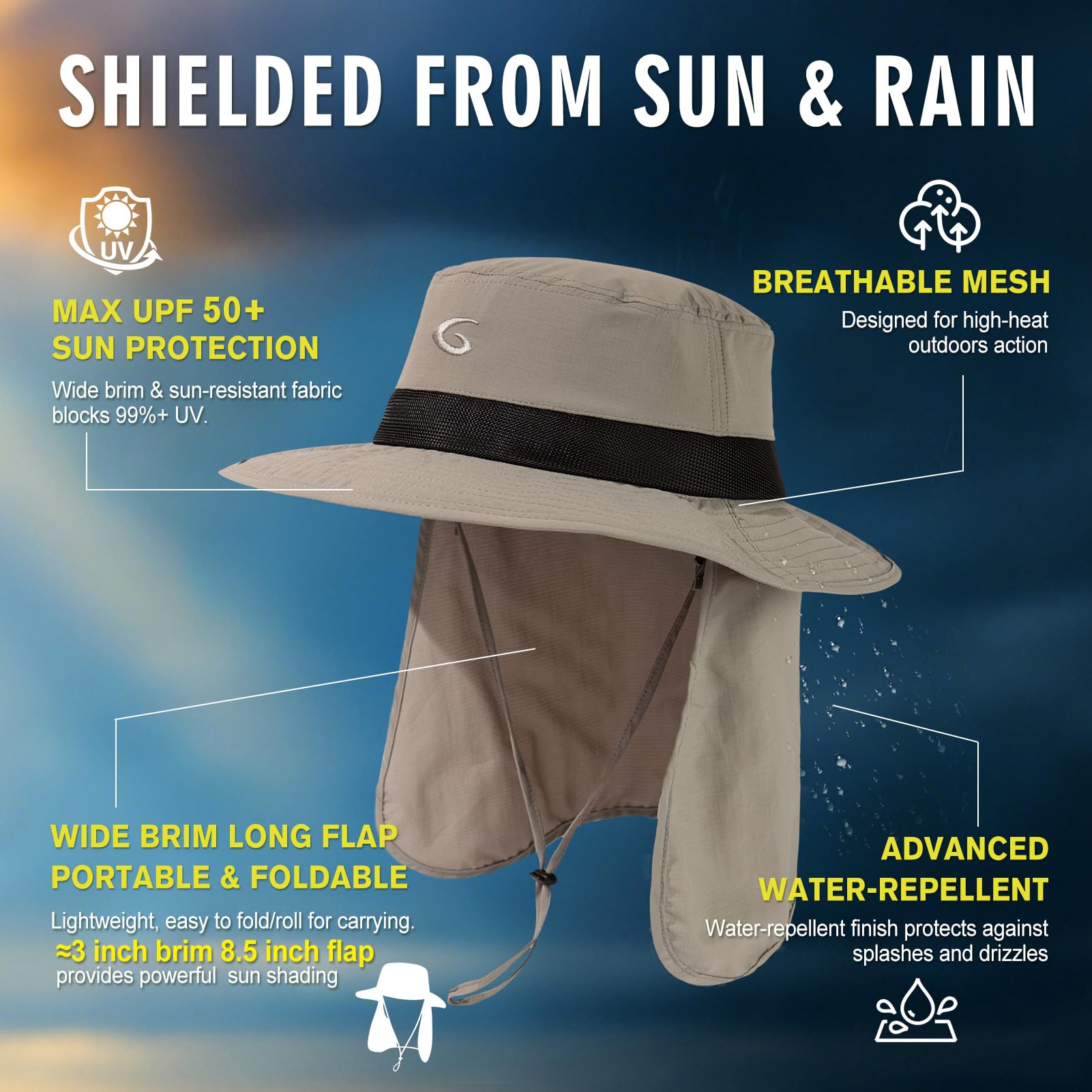 TOP-EX Sombrero de pesca extragrande XL XXL para hombre, con protección UV 50, impermeable, plegable, de malla, con solapa para el cuello, para pesca y senderismo