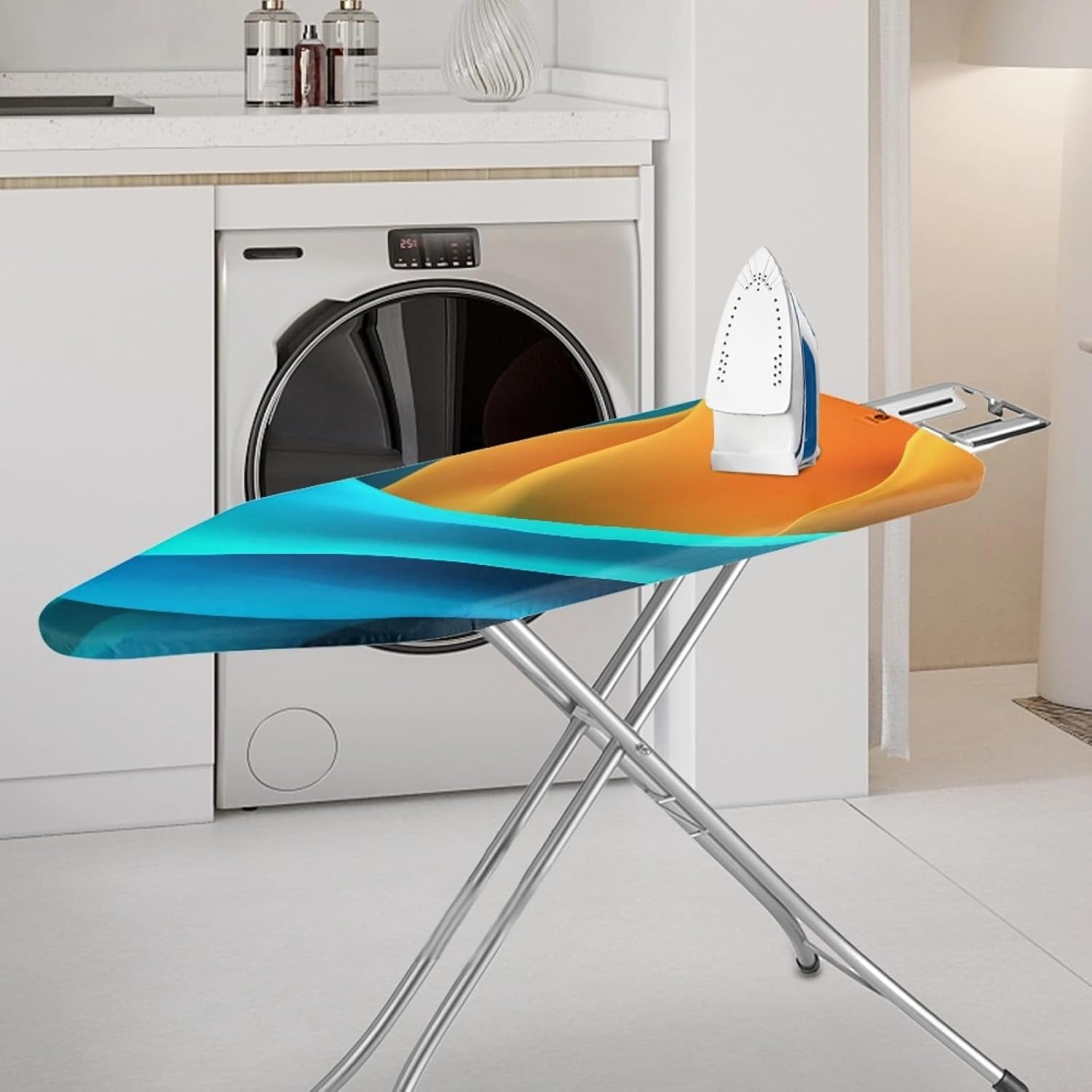 Padded Ironing Board Covers 18 X 49 Orange Blue Waves Ironing Board Pad and Cover Thick Replacement Drawstring Tightening & Lock, Easy Fit, Scorch & Stain Resistant, Non Slip