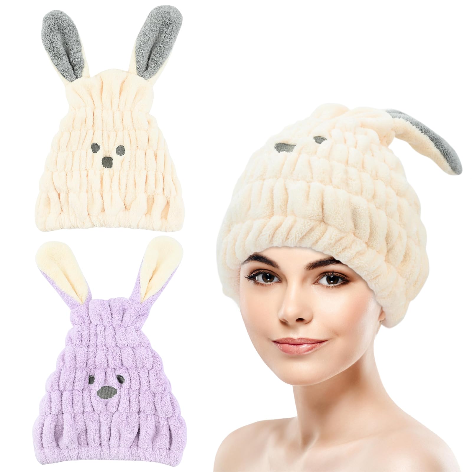 2 Pcs Hair Drying Towels Microfibre Hair Towel Hat Super Absorbent Bath Cap with Cute Cat Rabbit Ear Dry Hair Cap Coral Fleece Hair Towel for Women Girl Hair Turban Cap Hair Wrap for Bath Spa Makeup