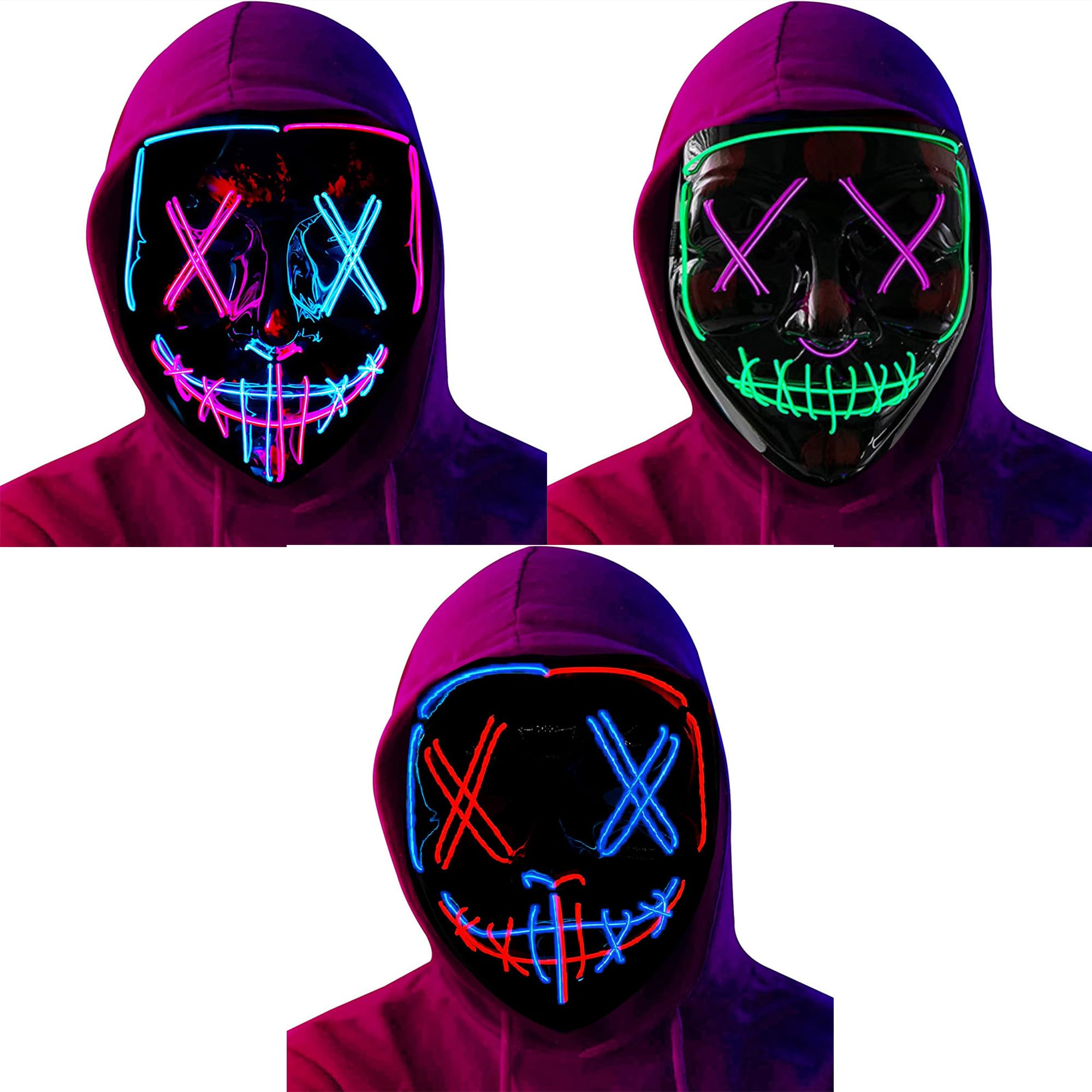 3 Packs EL Mask Led Light Up Halloween Mask for Adult Cosplay Masquerade