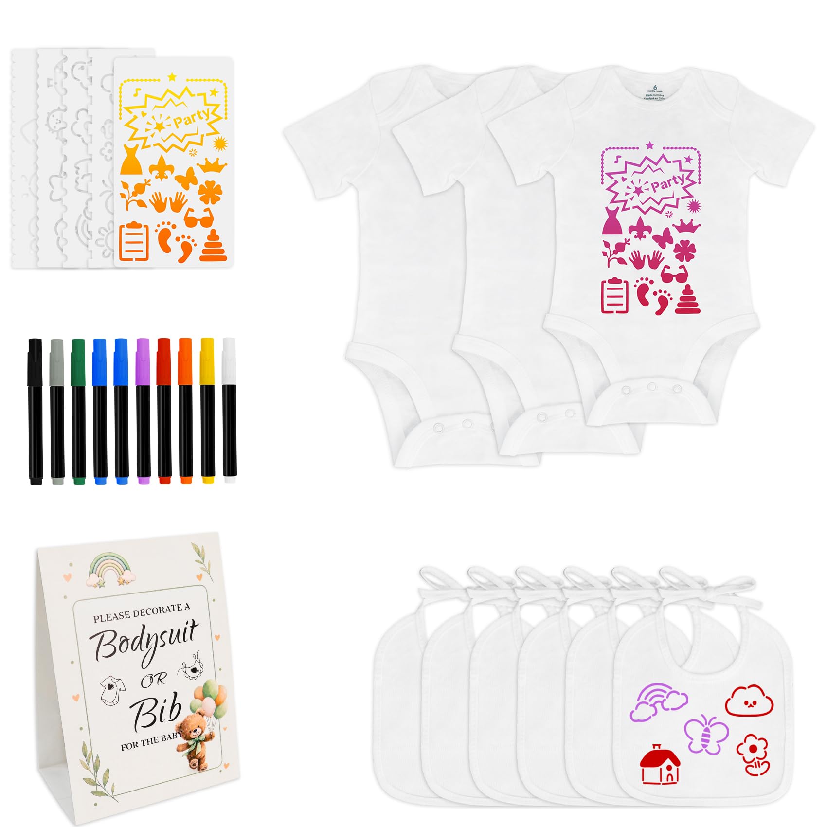TKNOUS DIY Baby Bibs for Painting,6 Pieces Baby Bibs White Cotton,3 Pieces Bodysuits for Toddlers with 10pcs Textile Pens and 5pcs Painting Stencils, Feeding Gift for Newborn Shower Party