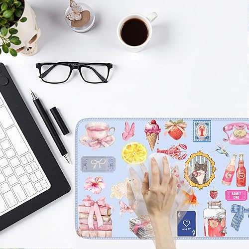 Miniatura 8 de Tapete de escritorio azul con diseño de gato kawaii, retro, vintage, grande, XXL, tapete de mouse para computadora, teclado, laptop, mouse, A1