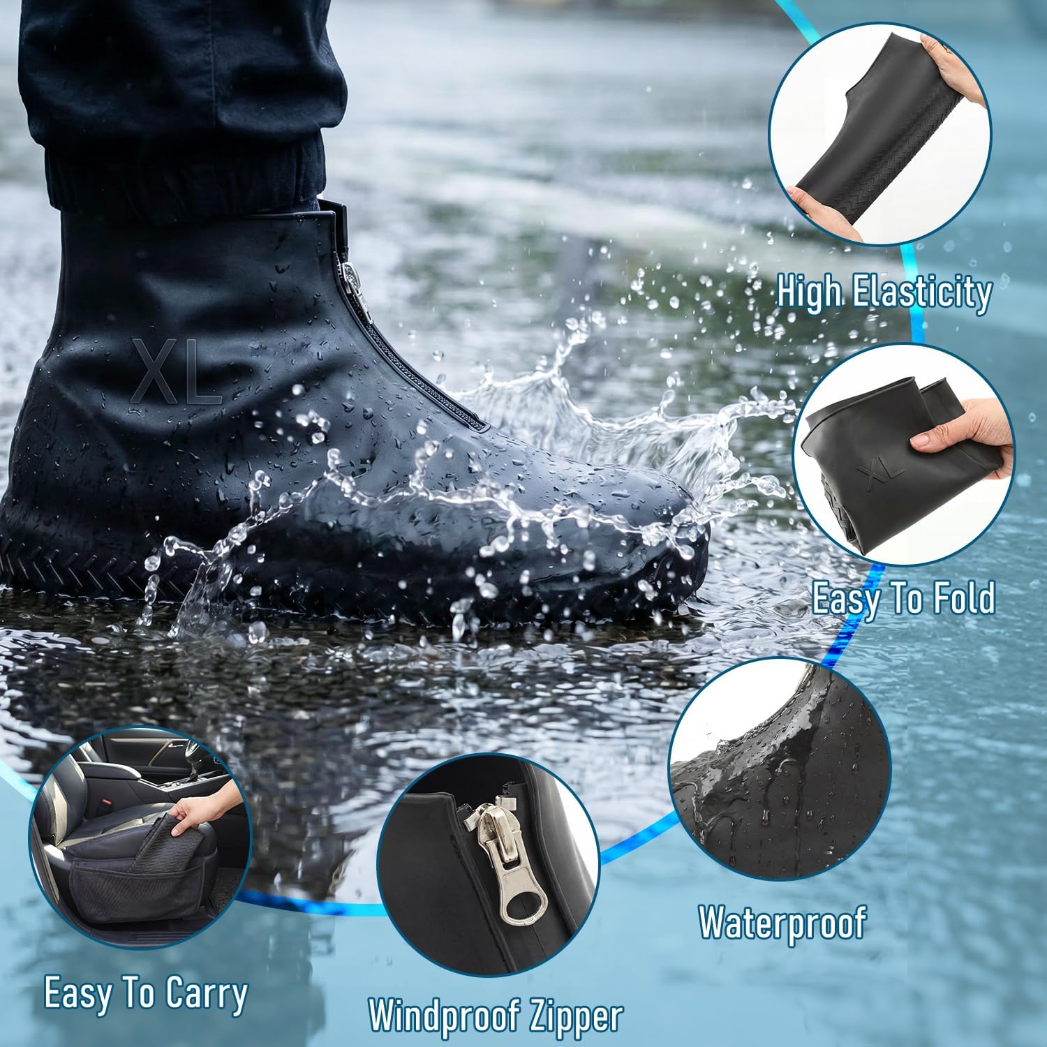 Arrowbash Silicone Waterproof Shoe Covers Reusable Rubber Rain Overshoes with Zipper, Non Slip Galoshes Shoe Protectors for Men Women Washable Protection(Black,XL (women 11-13, Men 9.5-13))