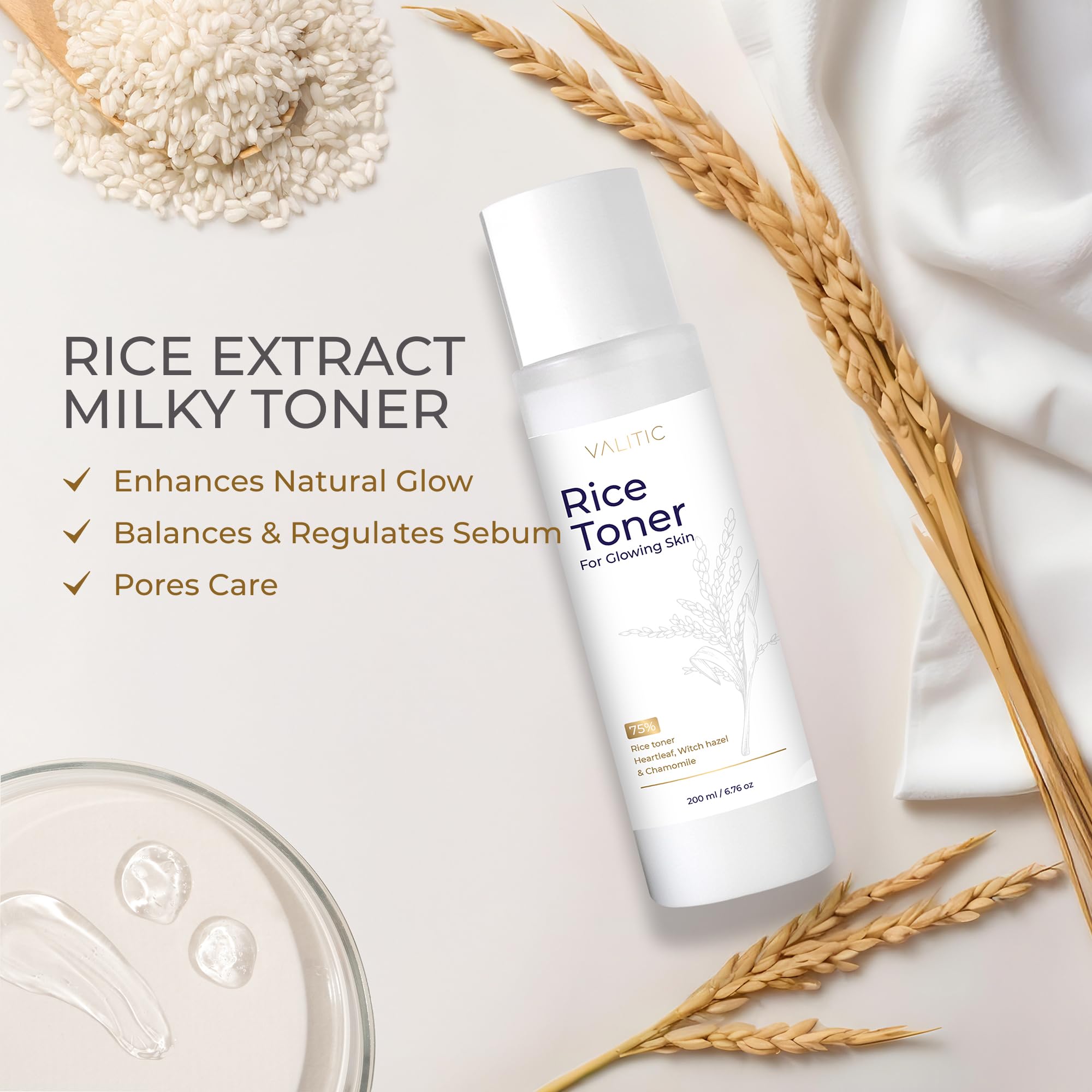 Tónico de arroz – 75 Tónico lechoso de extracto de arroz para cara con niacinamida, hoja de corazón, hamamelis y esencia de manzanilla, vidrio facial hidratante para el cuidado de la piel 2