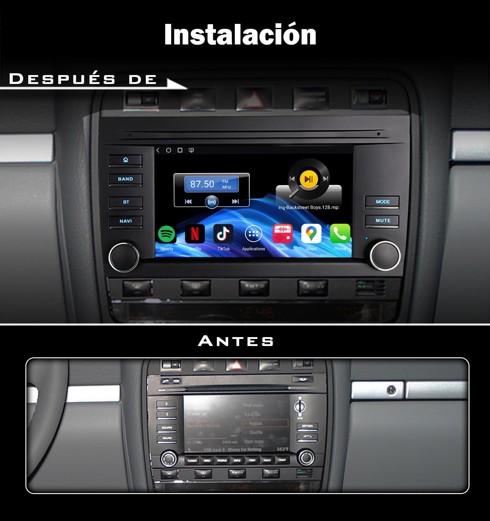 Android 14 Qualcomm 4GB 64GB Radio Coche con Pantalla Táctil Bluetooth para Porsche Cayenne 955 957 (2002-2010) Bluetooth 5.1 Wireless CarPlay & Android Auto FM DSP WiFi Canbus Dab+ DVR