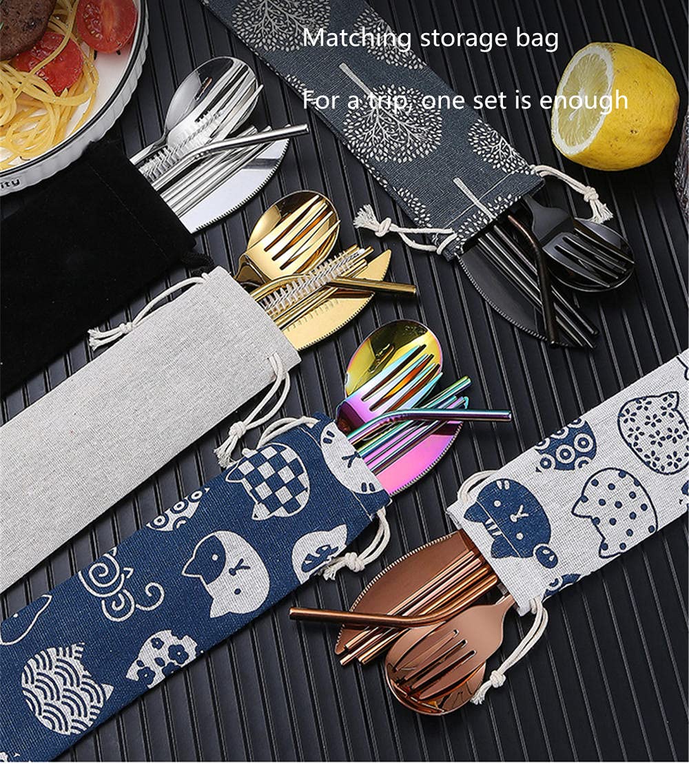 HaWare Set di 9 posate da campeggio in acciaio inox, per esterni, con coltello, cucchiaio, bacchette, cannucce, spazzola per la pulizia, custodia blu e borsa