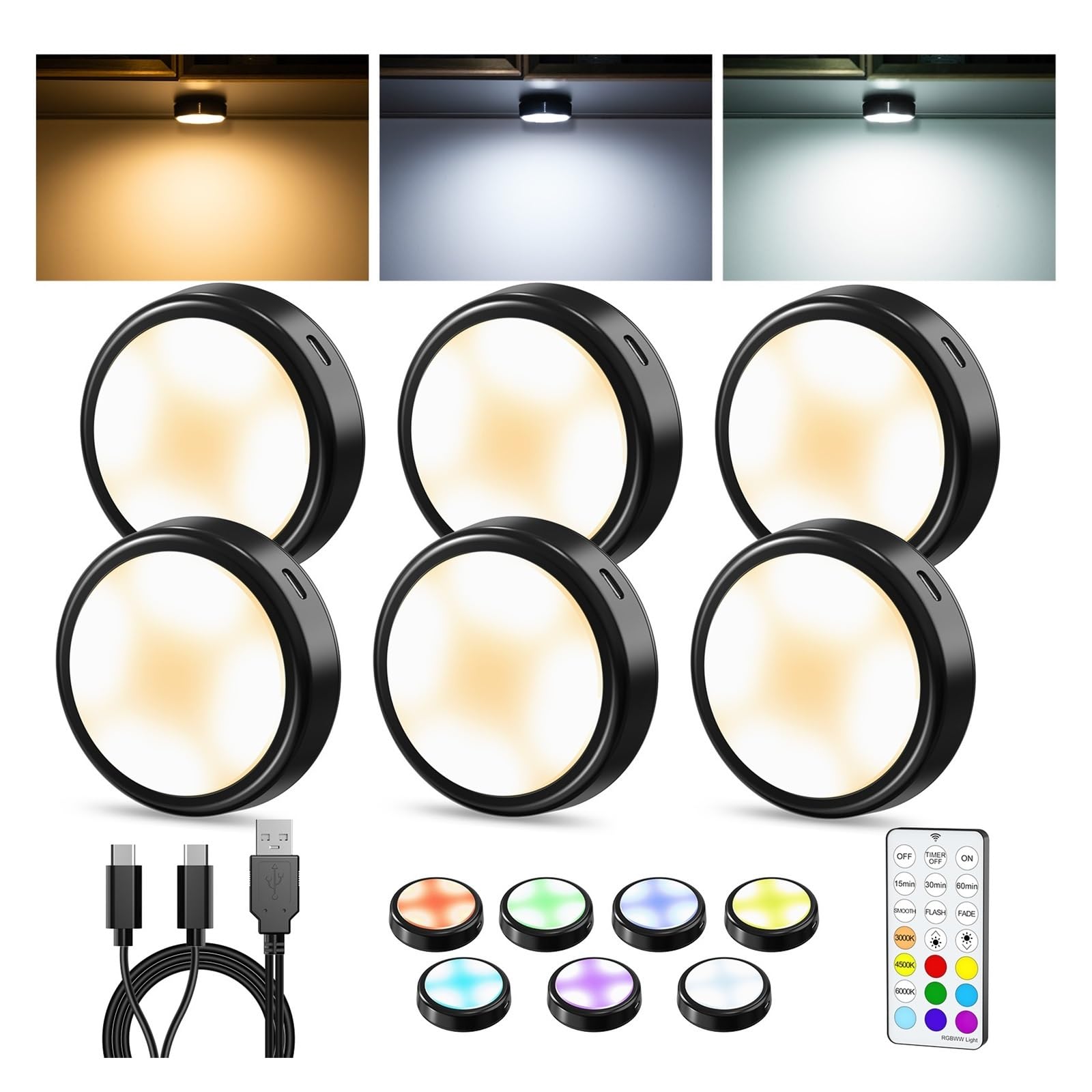 Czarna Okrągła Lampa LED Podszafkowa Do Szafy, Ściemnialna, Na Biurko, Z Pilotem(4lamp 2remote)