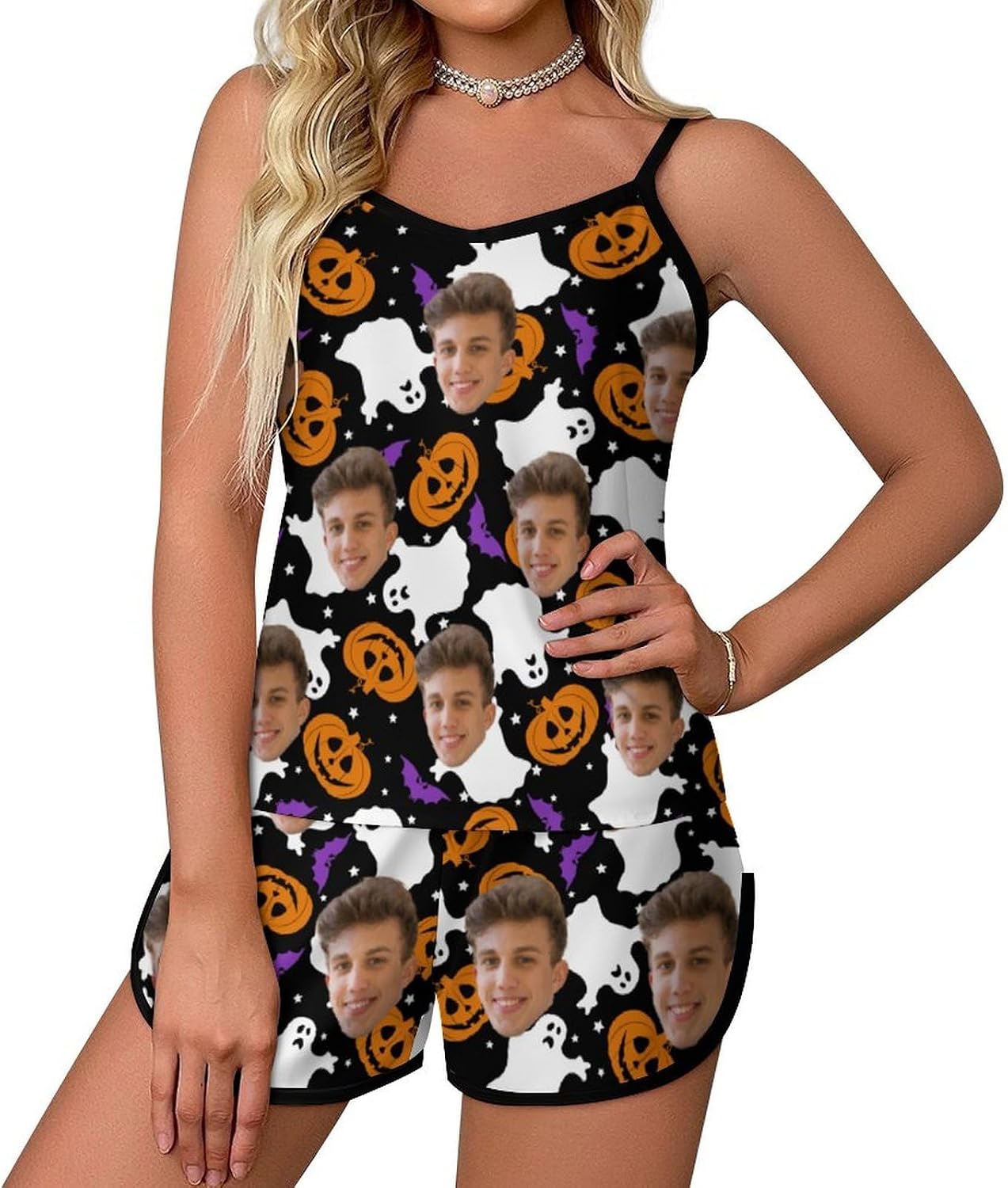 Custom Face Halloween Pajamas Set for Women, Funny Cute Fall Pjs Sleepwear Lounge Set, Short Sleeve Goth Adult Pj