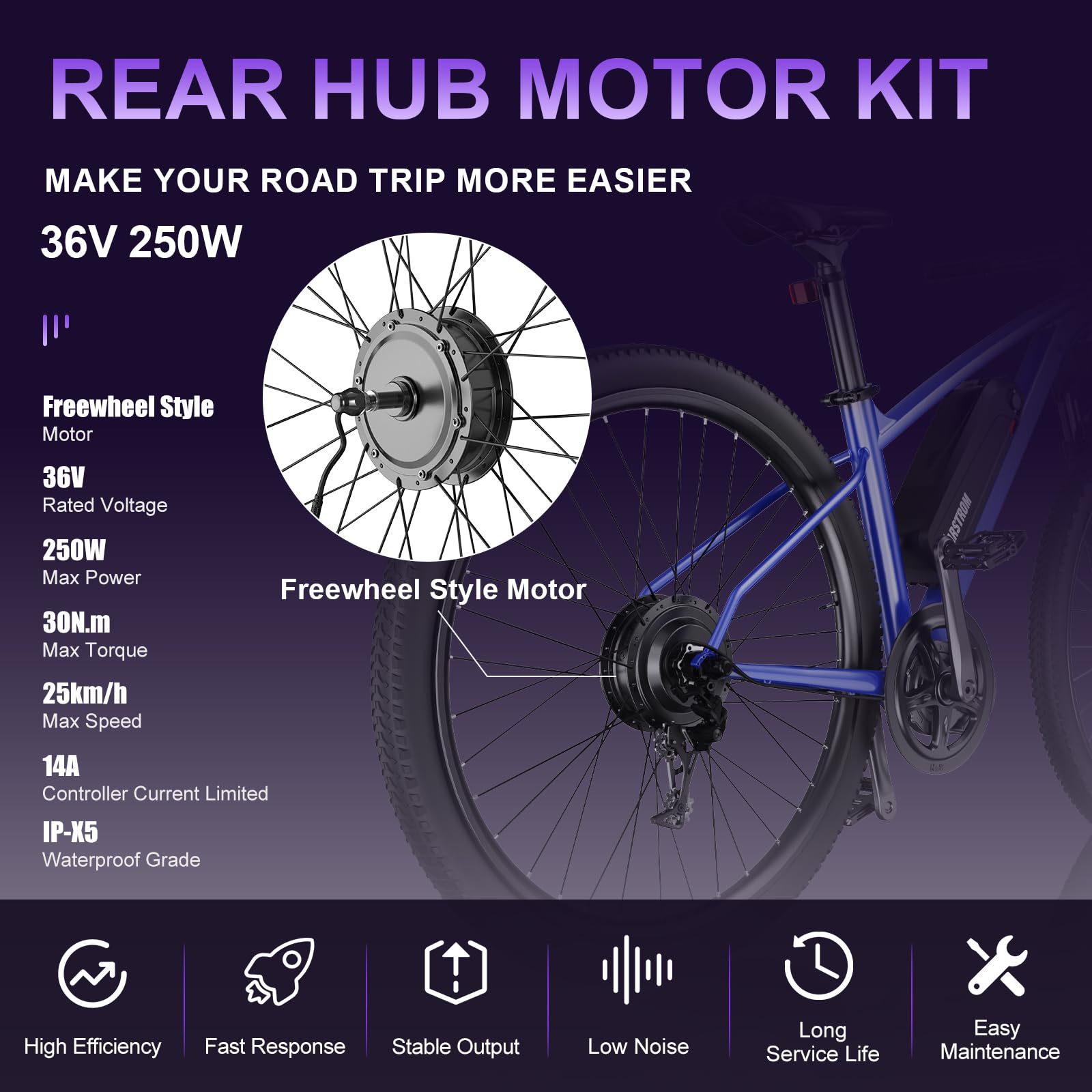 Zestaw do konwersji roweru elektrycznego 36V 250W 26 27,5 28 29 tylny silnik | Zestaw do konwersji koła Ebike z opcjonalnym wyświetlaczem, silnik górski Dropout 136-142 mm (bateria nie jest dołączona)