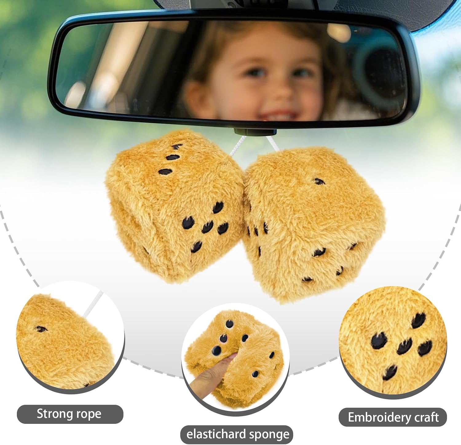 Fuzzy Dice for Car Rear View Mirror, Pair of 3” Retro Gold Plush Dice image 2