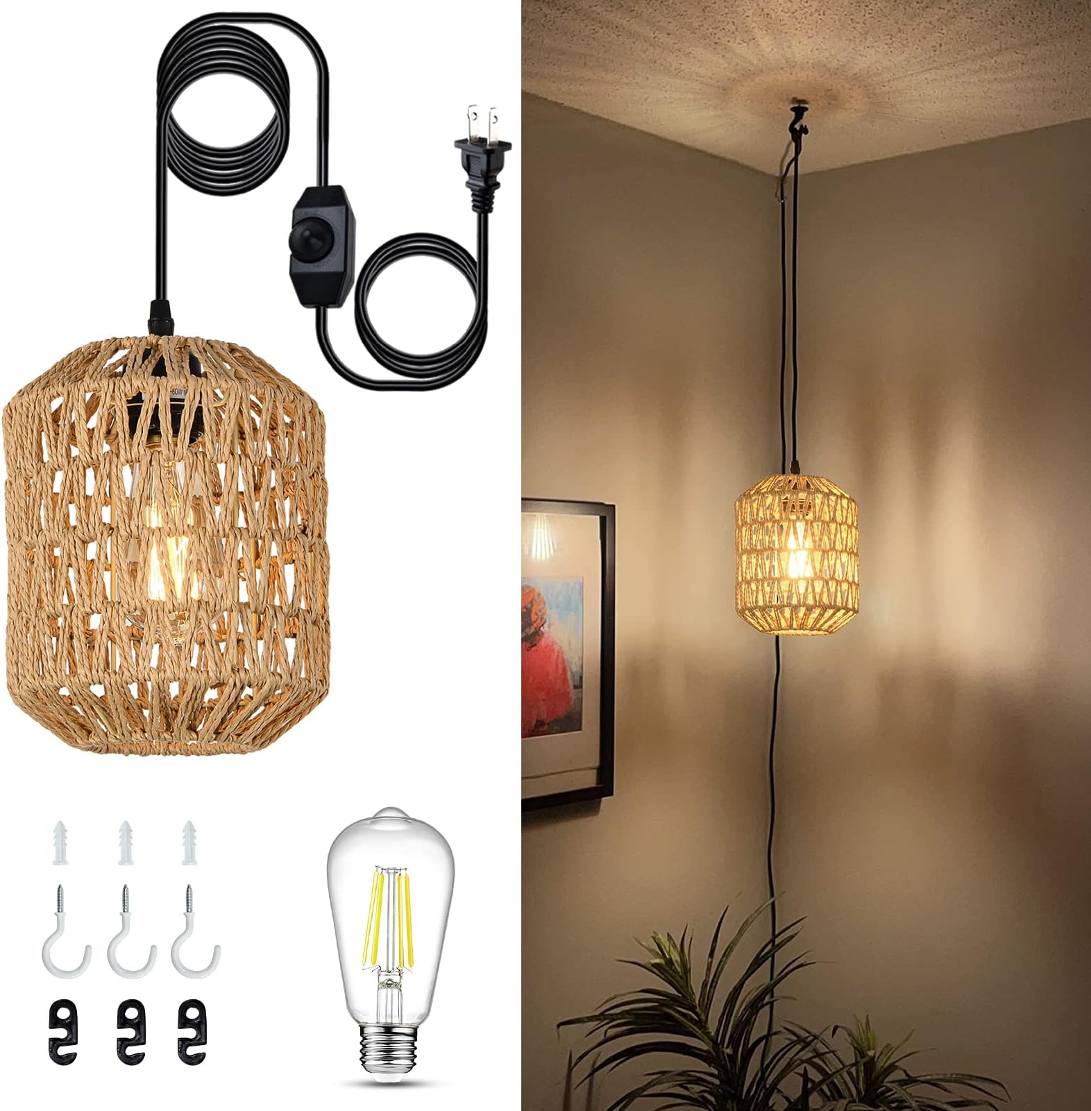 eyassi Plug in Pendant Light with LED Bulb, Rattan Hanging Lamp with 16ft Dimmable Cord, Hand Woven Wicker Plug in Chandelier, Boho Hanging Lights Fixture with Plug in Cord for Bedroom Hallway Foyer