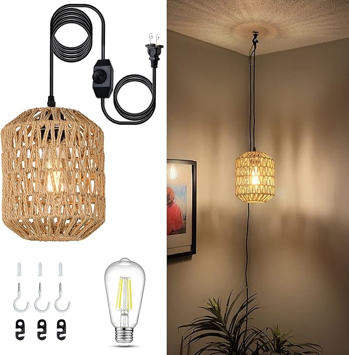 Plug in Pendant Light with LED Bulb, Rattan Hanging Lamp with 16ft Dimmable Cord, Hand Woven Wicker Plug in Chandelier, Boho Hanging Lights Fixture with Plug in Cord for Bedroom Hallway Foyer