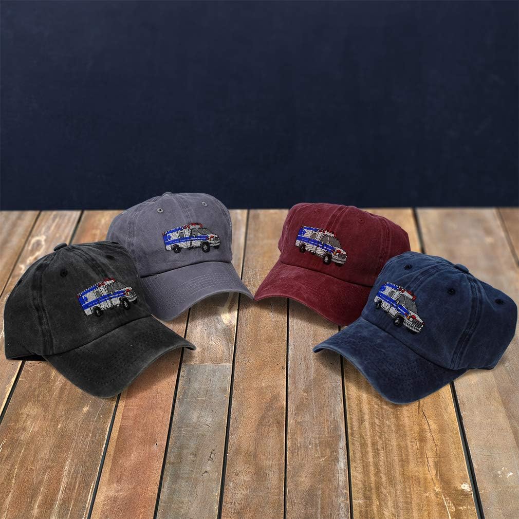 Vintage Washed Hat Ambulance Embroidery Cotton Dad Hats for Men & Women Buckle Closure Black Design Only - Image 4
