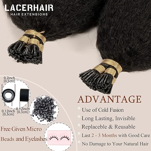 Miniatura 4 de Lacer Extensiones de cabello humano con punta en I, extensiones de cabello humano rizado lacio color negro natural, 1B de 12 pulgadas, extensiones