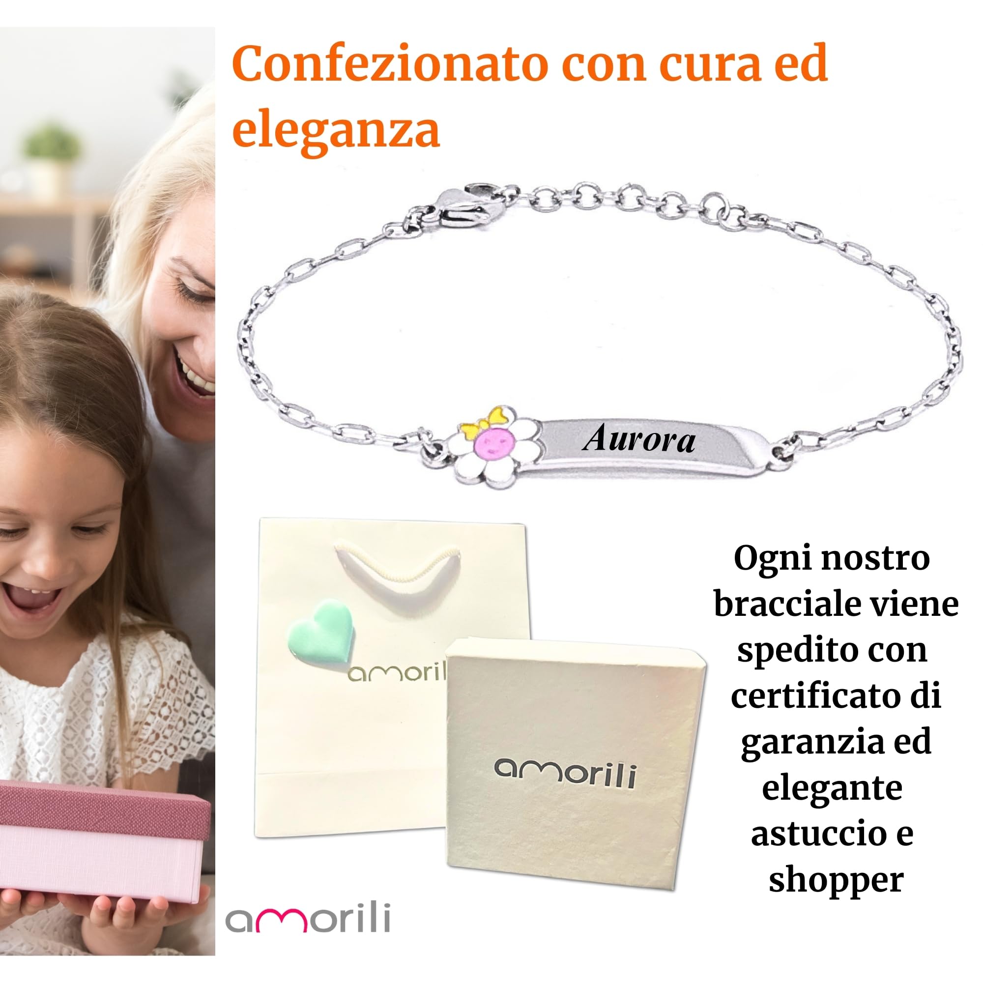 amorili Bracciale Bambina Personalizzato con Nome – Fiorellino in Acciaio Inox Anallergico – Regalo Bimba – Idea Compleanno, Nascita, Battesimo – Made in Italy by bcc3108