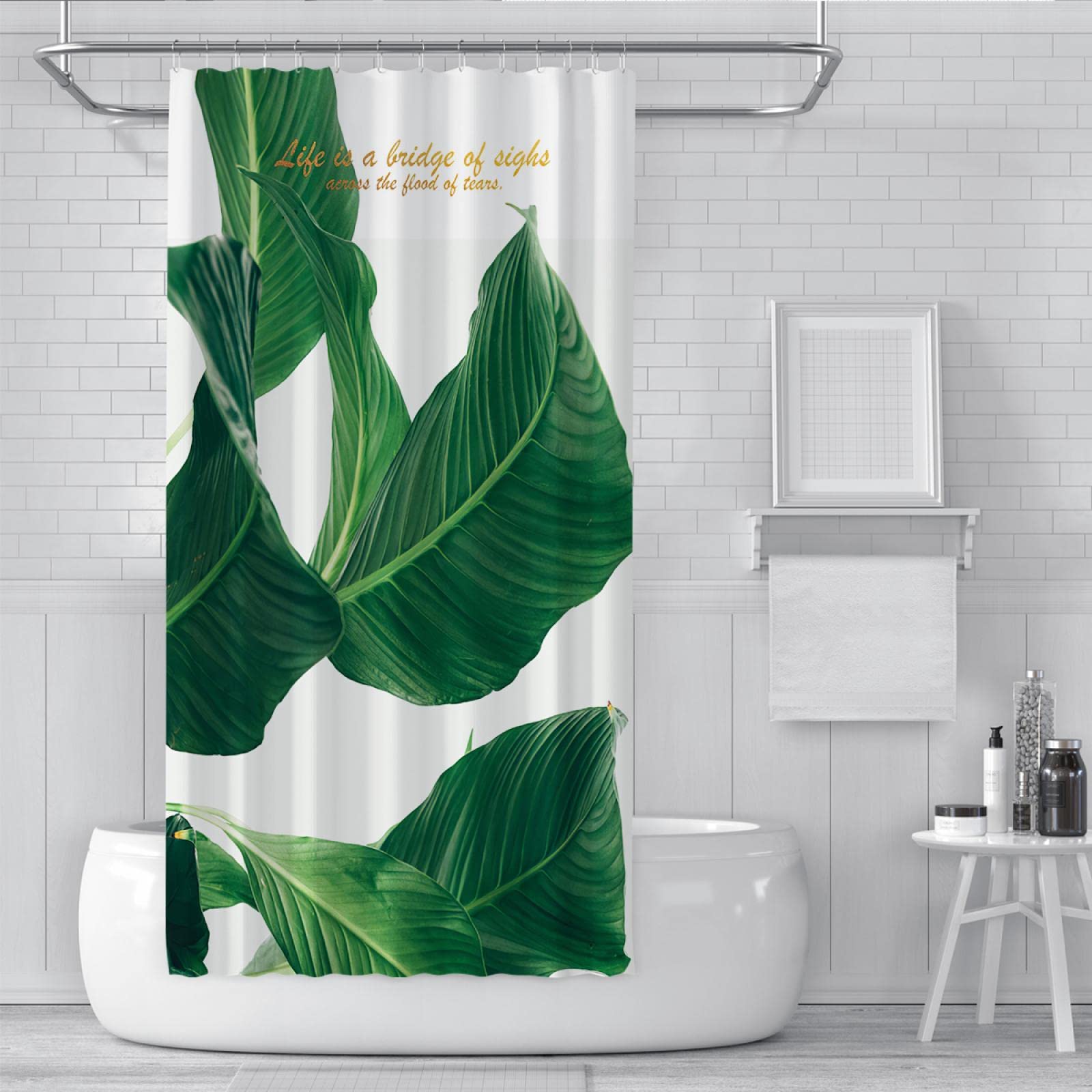 Verde Foglia D'oro Motto Inspirational Lettera Stampa Tessuto in Poliestere Bagno Impermeabile Artistico Poliestere tende da doccia con Ganci Bianco 150x200 cm