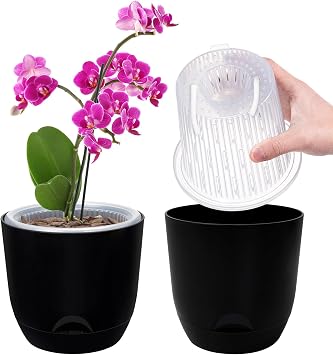 Set of 2 Orchid Pot 5.8 Inch Double Layer Design - Transparent Self Watering Pot with Planter Orchid Watering System Flower Pot for Orchids (Pure Black)