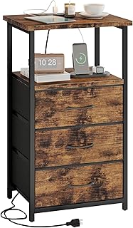 Fixwal Night Stand with 3 Fabric Drawers, Nightstand for Bedroom, Bedside Table with Charging Station End Table with Storage, Rustic Brown