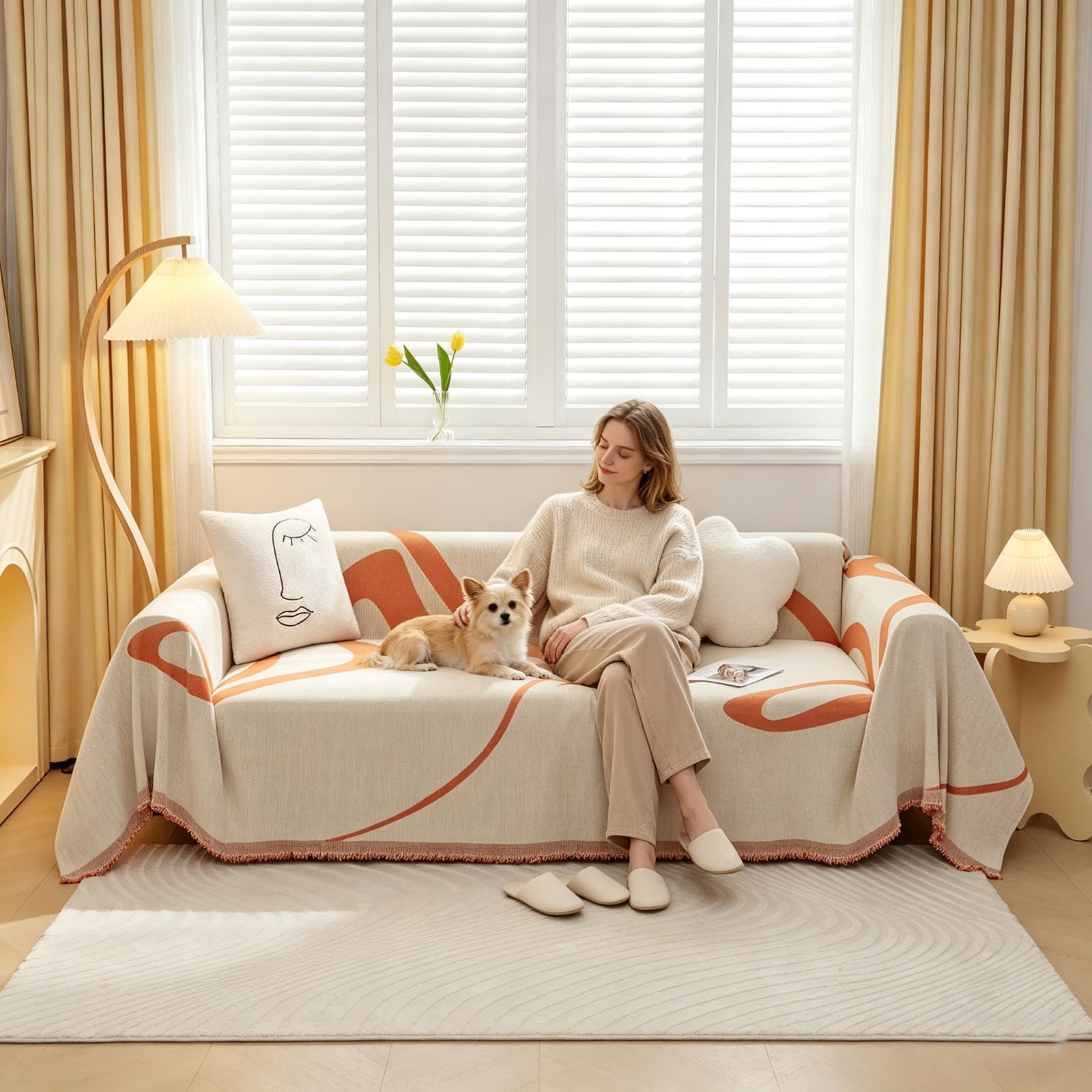 Manta sofá Funda de sofá Decorativo Universal Cuatro Estaciones Borla Tejida Almohadilla sofá Abstracción Geometría Líneas Multifuncional Suave Cómodo Cover Cubre sofá 180 * 340cm Naranja