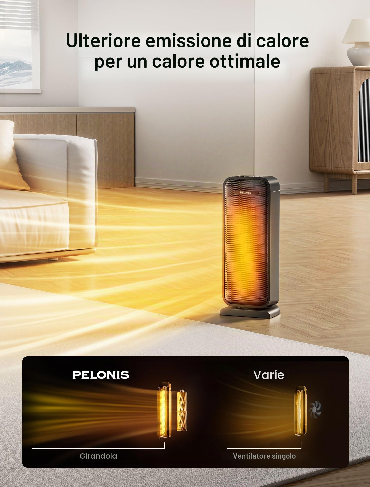 Pelonis 2000W Riscaldatore a Torre Elettrico Ausiliario con Telecomando, Efficienza Energetica, Riscaldatore Portatile in Ceramica per il Bagno, Protezione Contro il Surriscaldamento e l'Inclinazione