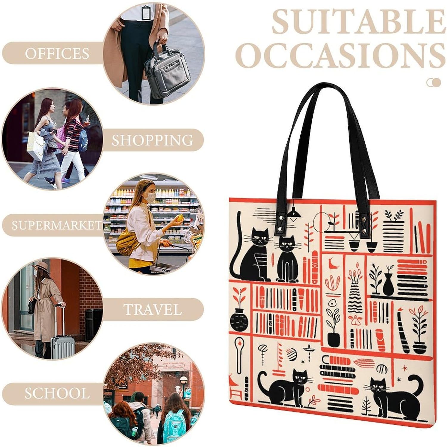 Book Or Cat Handbags Large Capacity, Tote Bag Stylish Slouchy, Shoulder Bags for Work Beach Travel And Shopping Grocery.