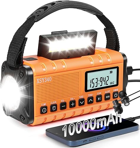Radio de manivela de emergencia de 10000 mAh, radio meteorológica portátil solar AM FM NOAA, pantalla digital, radio despertador de 3 vías