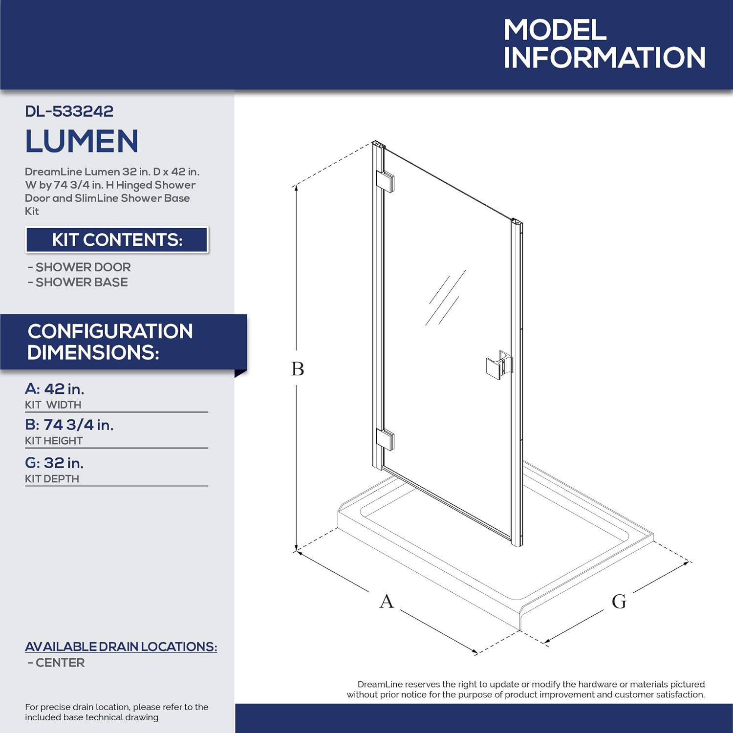 DreamLine Lumen 32 in. D x 42 in. W by 74 3/4 in. H Hinged Shower Door in Satin Black with Black Acrylic Base Kit, DL-533242-88-09