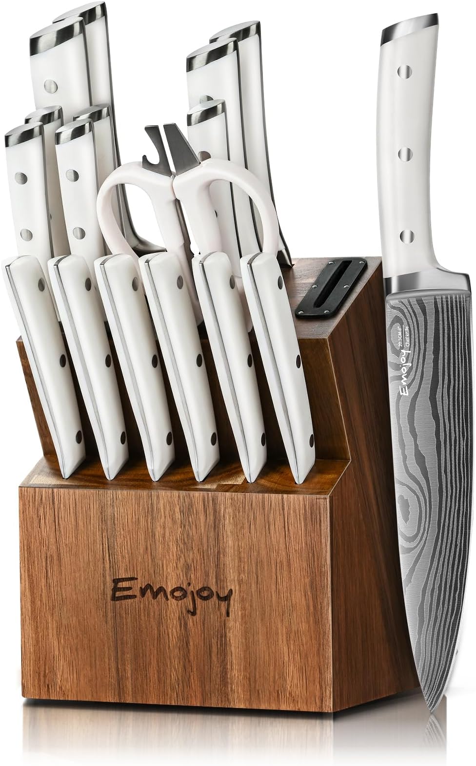 Emojoy Knife Set, 18 Piece Kitchen Knife Set with Block and Built-in Sharpener, Full Tang German Steel Knife Block Set for Kitchen, Razor Sharp Knives Set with Wooden Block