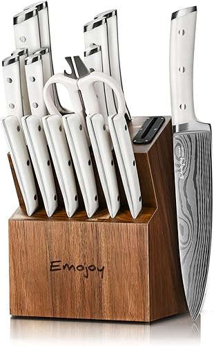 Emojoy - Juego de cuchillos de cocina de 18 piezas con bloque de madera, juego de bloques de cuchillos de acero inoxidable alemán con afilador