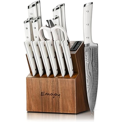 Knife Set, Emojoy 18-Pieces Kitchen Knife Set With Wooden Block, German Stainless Steel Knife Block Set With Built-In Sharpener, Professional Sharp Knives Set for Kitchen,White