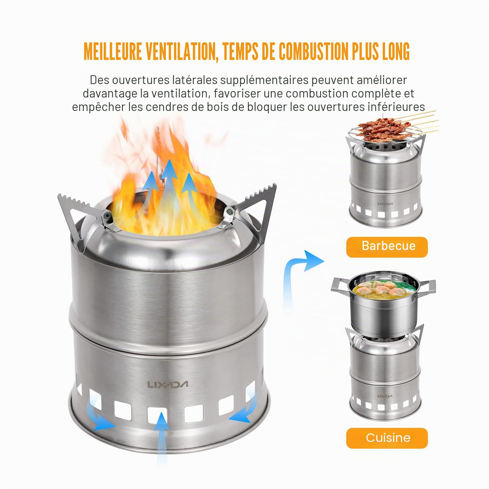 LIXADA Poêle à Bois Portable Extérieur en Acier Inoxydable Léger Réchaud Domestique Détachable Pique-Nique Poêle à Alcool Camping Poêle Coupe-Vent
