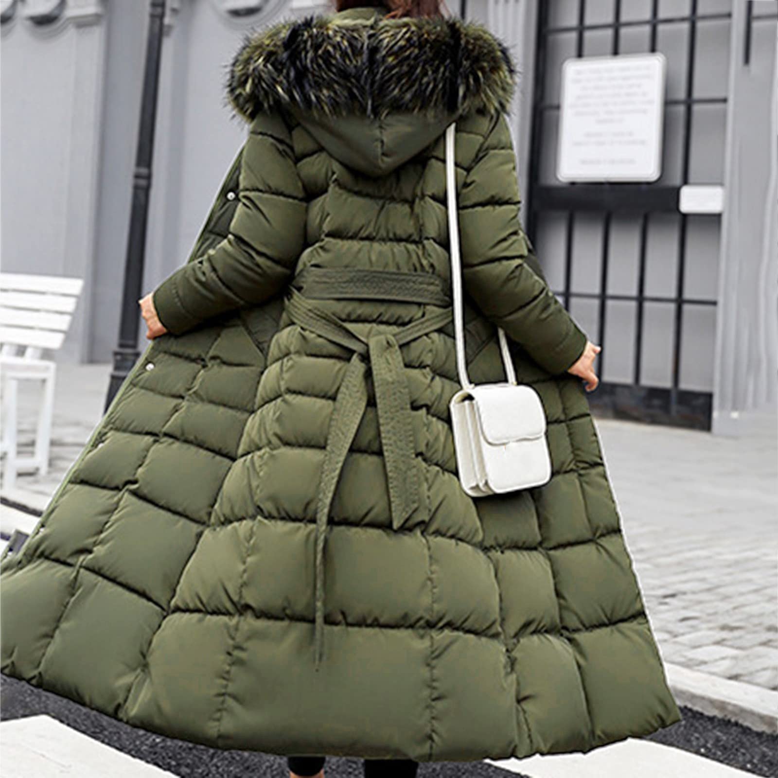 Piumino trapuntato da donna invernale - piumini lunghi per le donne piumini trapuntati giacca a vento slim fit cappotto con tasche piumini parka con cappuccio in pelliccia cappotto con cintura piumino