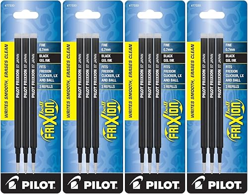 PILOT FriXion - Recambios de tinta de gel para bolígrafos borrables, punta fina, tinta negra, paquete de 4 unidades de 3 reffils cada uno (77330)
