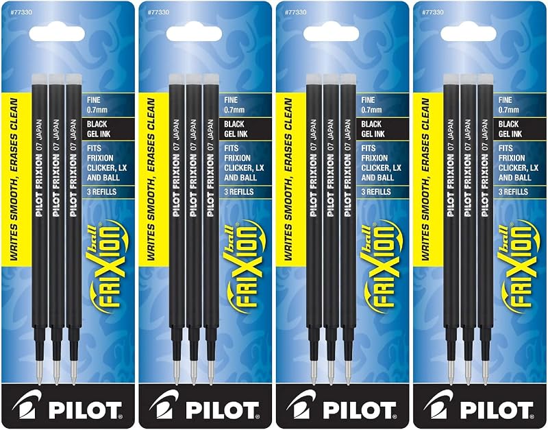 PILOT FriXion Recambios de tinta de gel para bolígrafos borrables, punta fina, tinta negra, 4 paquetes de 3 recambios cada uno (77330)