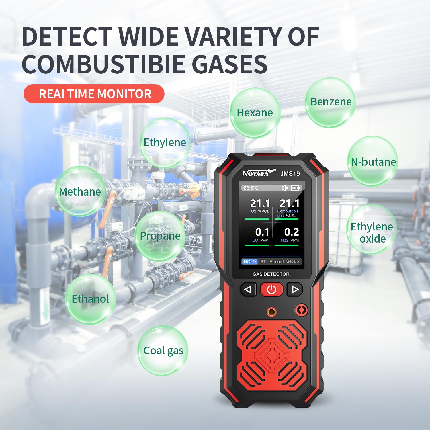 NOYAFA JMS19 Detector de gas, 4 monitores de gas para H2S, CO, LEL y O2, con alarmas de vibración, visuales y audibles, batería de 15 horas de duración, seguridad a prueba de explosiones, para el